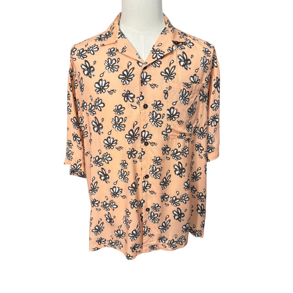 Topman Mens Peach Floral Print Short Sleeve Viscose Camp Collar Shirt Size M